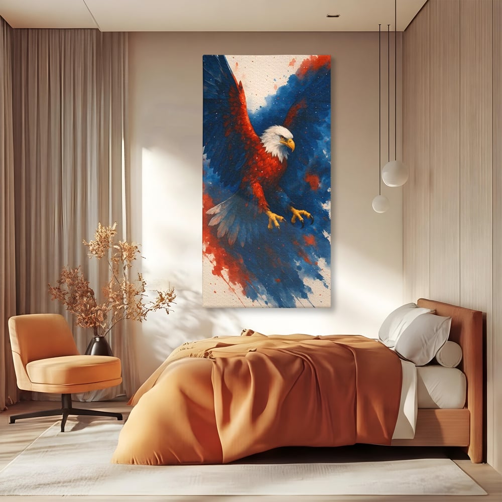 Tablou canvas cu tablou canvas vultur in zbor, fara rama, pe sasiu de lemn, pe perete intr-un dormitor